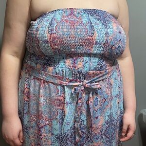 Strapless Smocked Maxi Dress in Blue-Pink Paisley